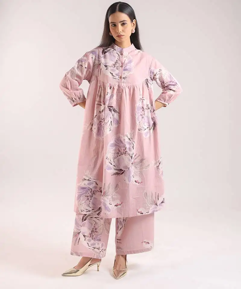Pink floral printed cotton kurta with pant
