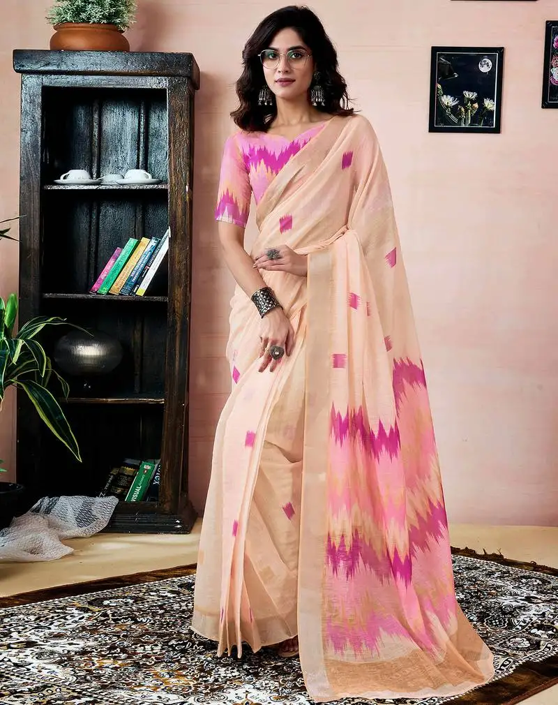 Cream linen zari screen printed zari work pocket work ceremony, party and festive ready to wear saree with blouse