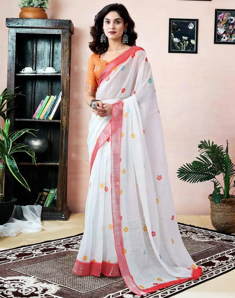 White linen zari screen printed zari work pocket work ceremony, party and festive ready to wear saree with blouse
