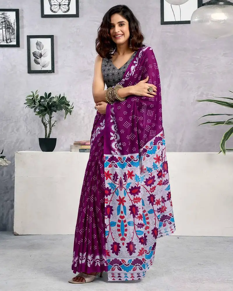 Purple pure cotton screen printed casual, work and festival ready to wear saree with blouse