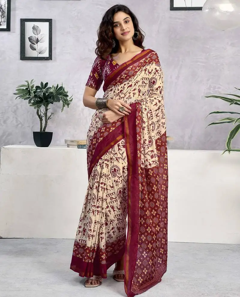Maroon and beige pure cotton screen printed woven casual, work and festival ready to wear saree with blouse