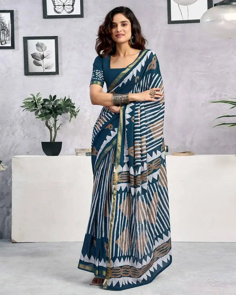 Blue pure cotton screen printed woven casual, work and festival ready to wear saree with blouse