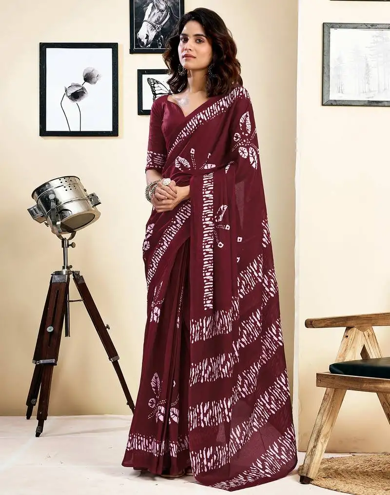 Maroon pure cotton screen printed pocket casual, work and festival ready to wear saree with blouse