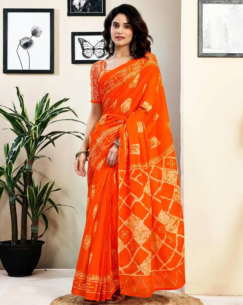 Orange pure cotton screen printed pocket casual, work and festival ready to wear saree with blouse