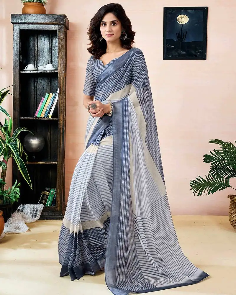 Grey and white linen zari screen printed pocket work ceremony, party and festive ready to wear saree with blouse