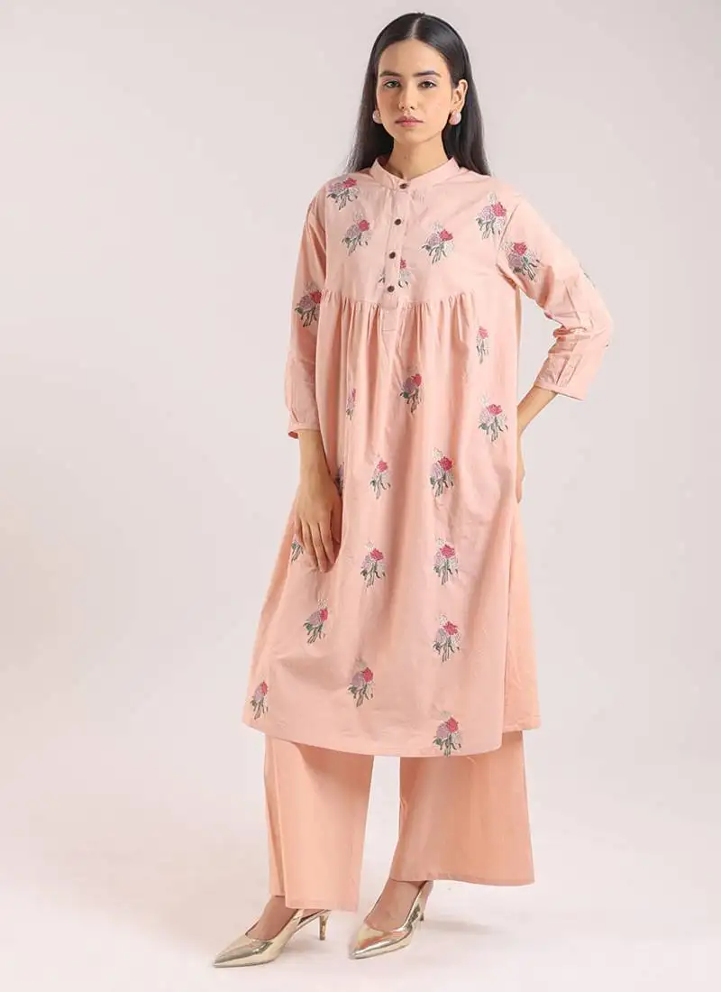 Nude pink embroidered cotton kurta set
