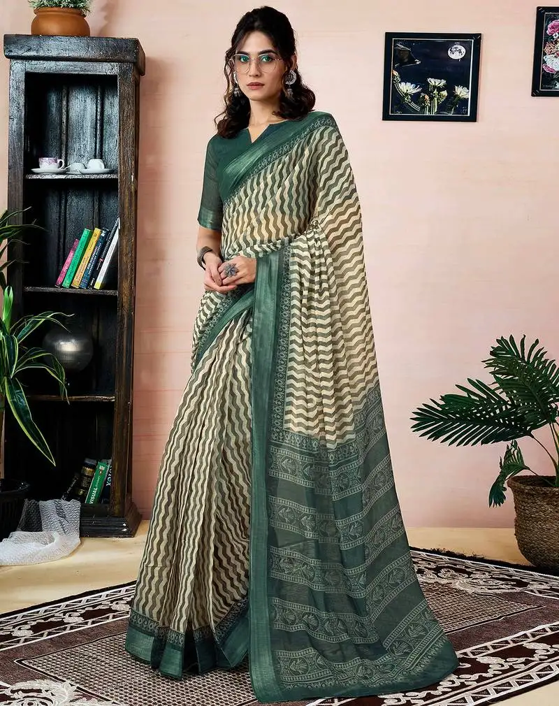 Green and beige linen zari screen printed, with pocket ceremony, party and festive ready to wear saree with blouse