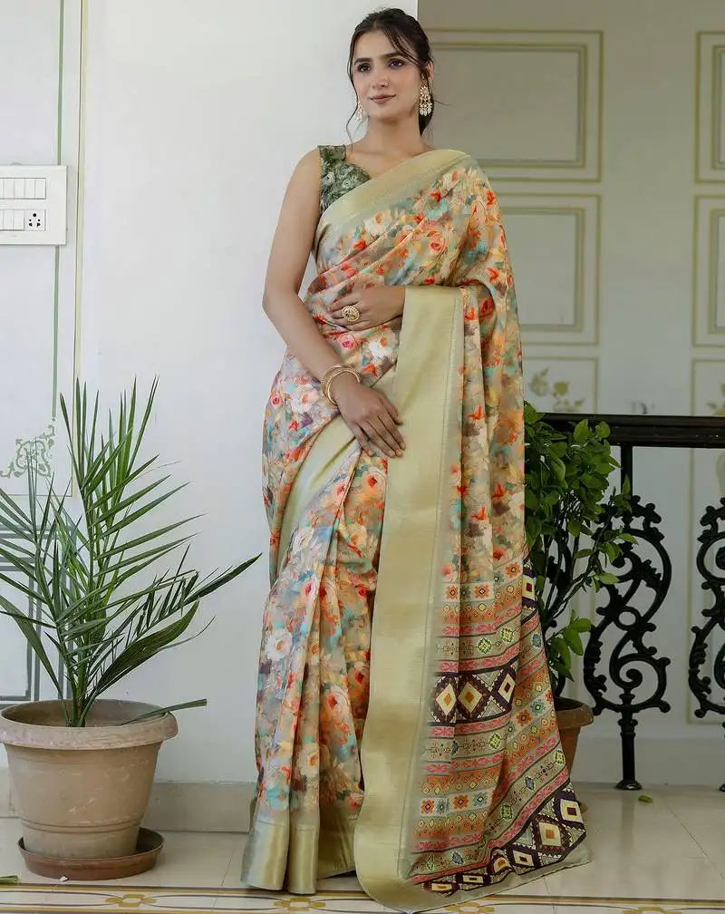 Green silk zari screen printed woven floral print striped woven party and festive ready to wear saree with blouse