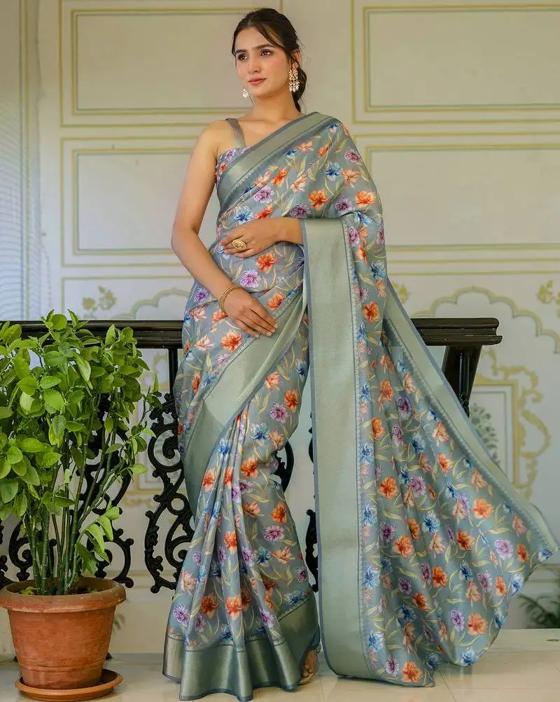 Green silk zari screen printed woven floral print striped woven zari work party ready to wear saree with blouse