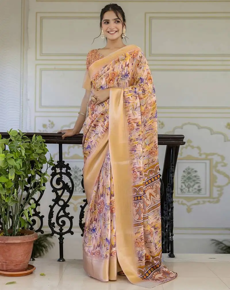 Multicolor screen printed woven floral print striped woven zari work ceremony, party and festive ready to wear saree