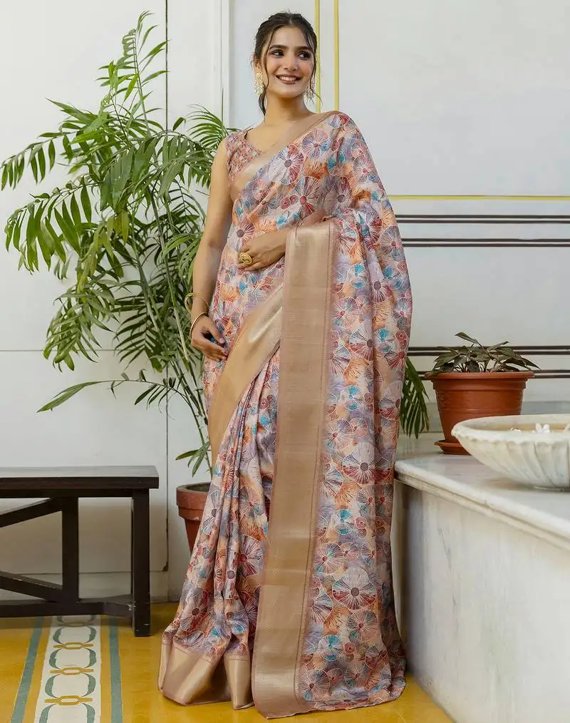 Multicolor screen printed woven floral print striped woven zari work party ready to wear saree with blouse