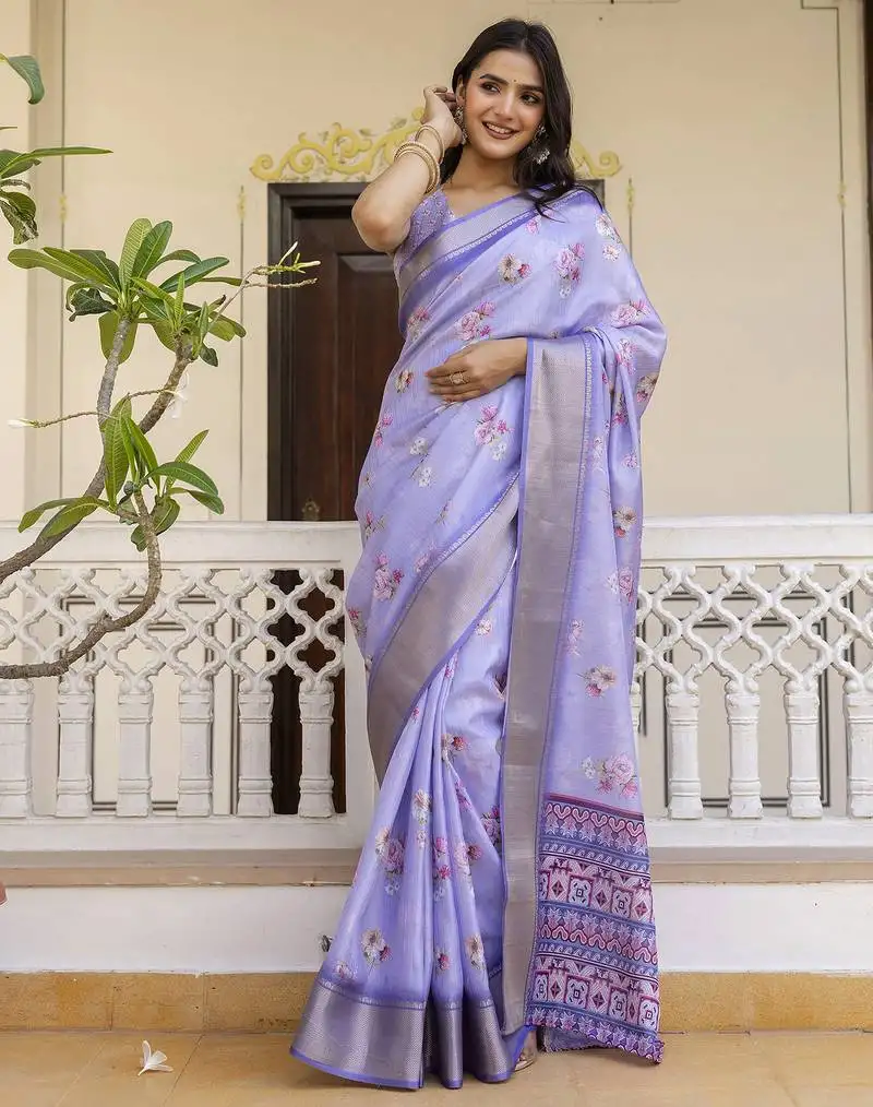Purple silk screen printed woven zari work ceremony, party and festive ready to wear saree with blouse