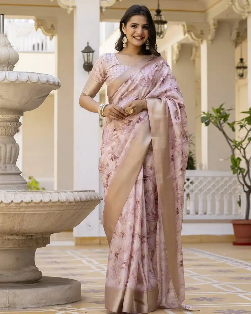 Off-white and mauve screen printed woven zari work ceremony, party and festive ready to wear saree with blouse