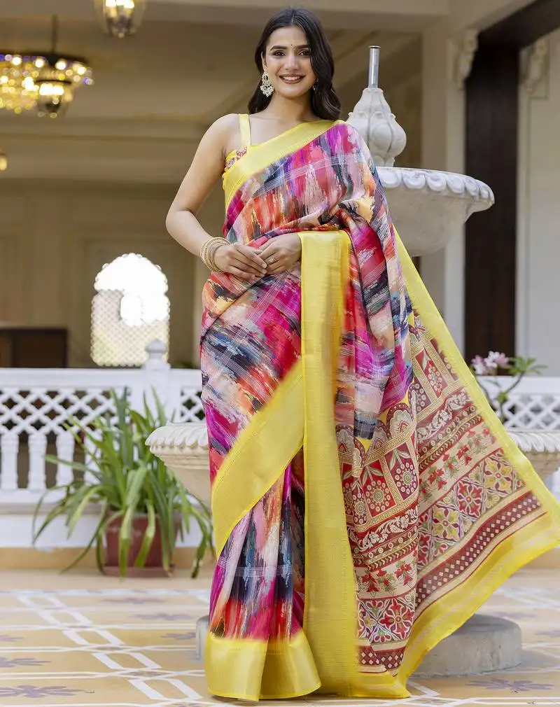 Multicolor silk zari screen printed woven ceremony, party and festive ready to wear saree with blouse