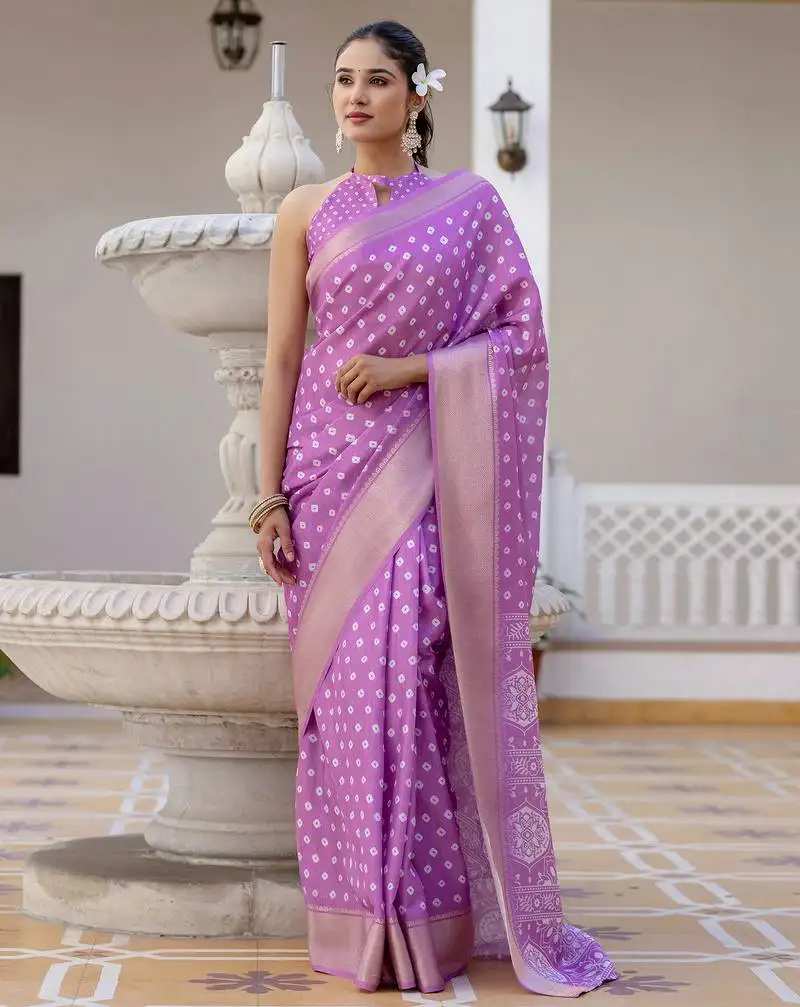 Purple silk zari screen printed woven bandhani ceremony, party and festive ready to wear saree with blouse