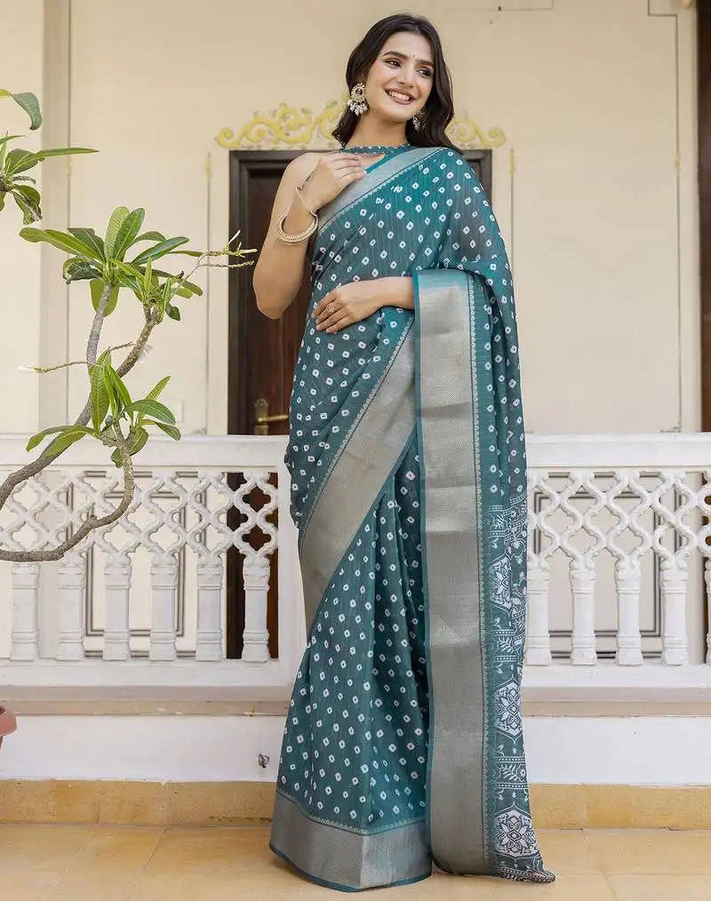 Green silk zari screen printed woven bandhani ceremony, party and festive ready to wear saree with blouse