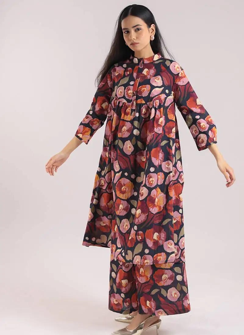 Black floral printed cotton kurta set