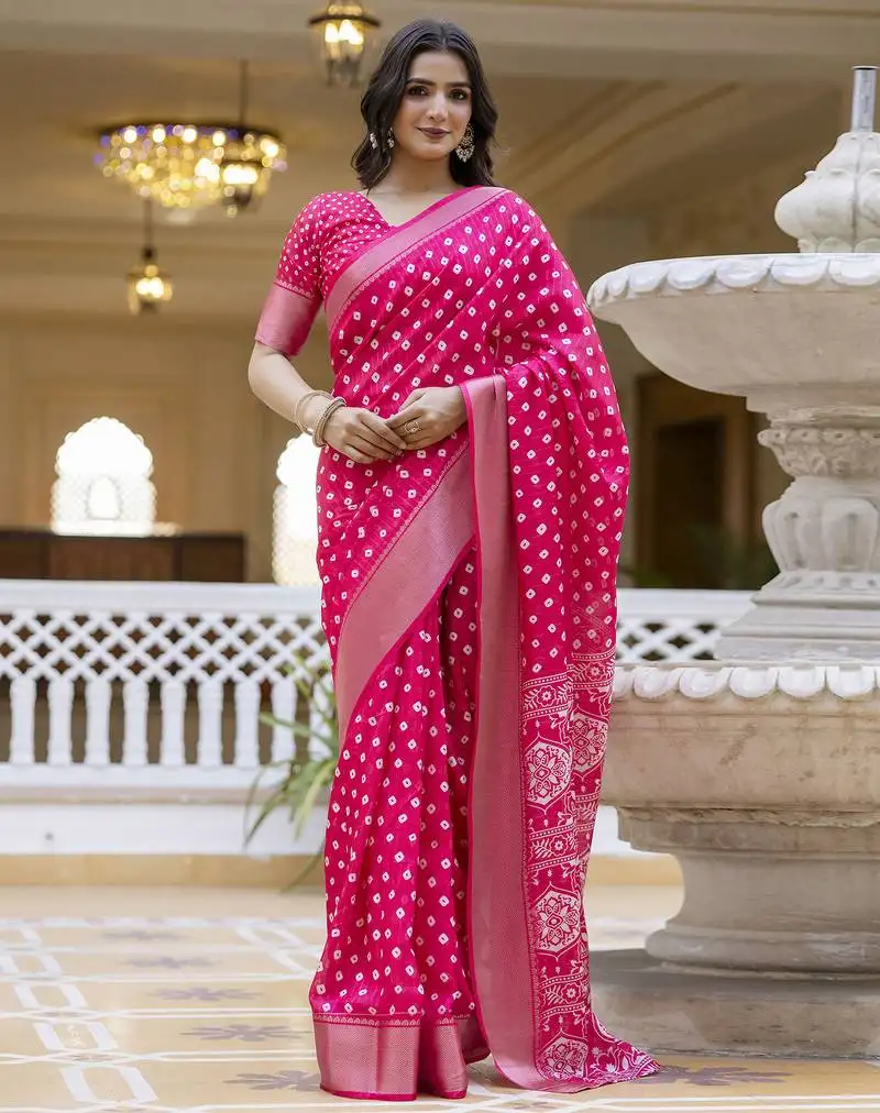 Pink silk zari screen printed woven bandhani zari work ceremony, party and festive ready to wear saree with blouse