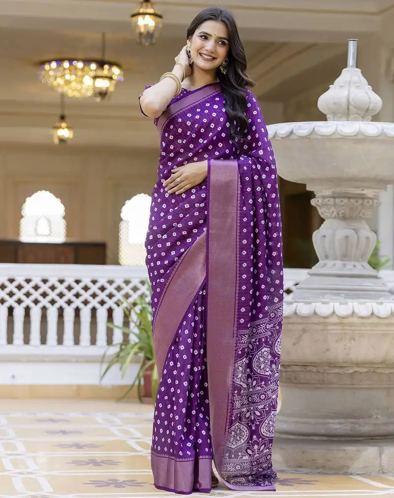 Purple silk zari screen printed woven bandhani zari work party and festive ready to wear saree with blouse