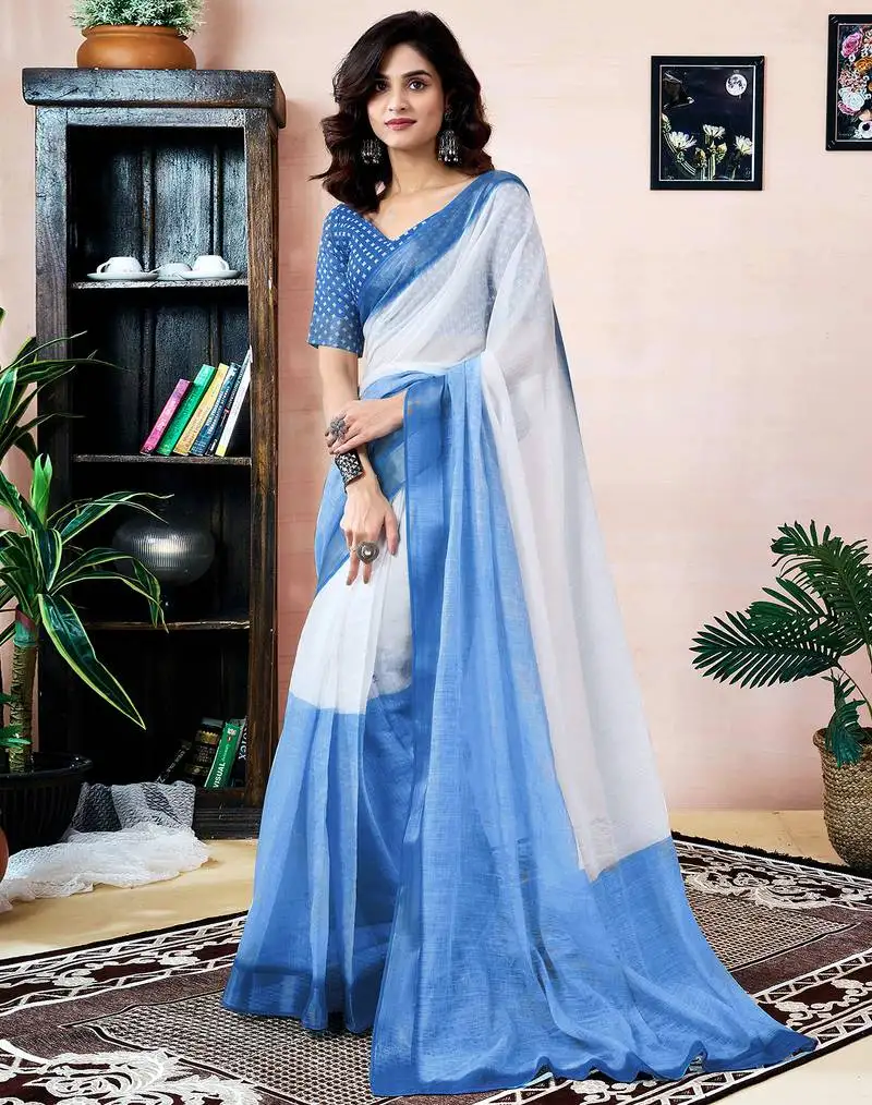 White and blue linen screen printed zari work pocket party and festive ready to wear saree with blouse