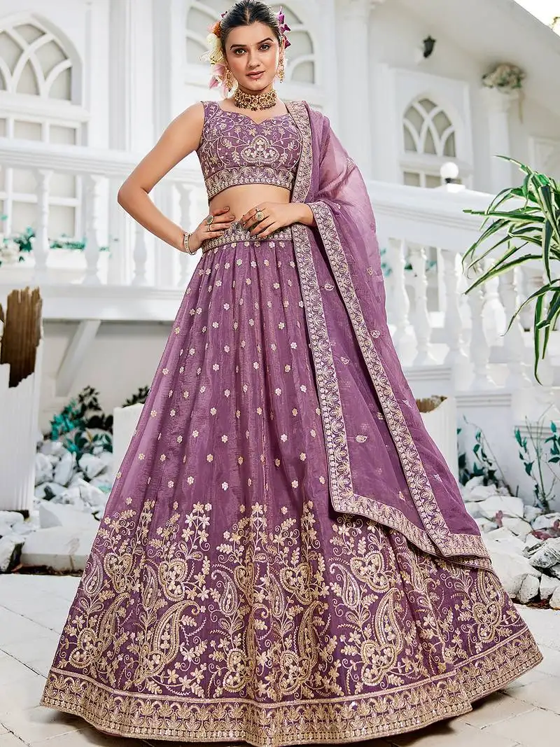 Lavender golden tissue sequinse embroidery lehenga choli with dupatta