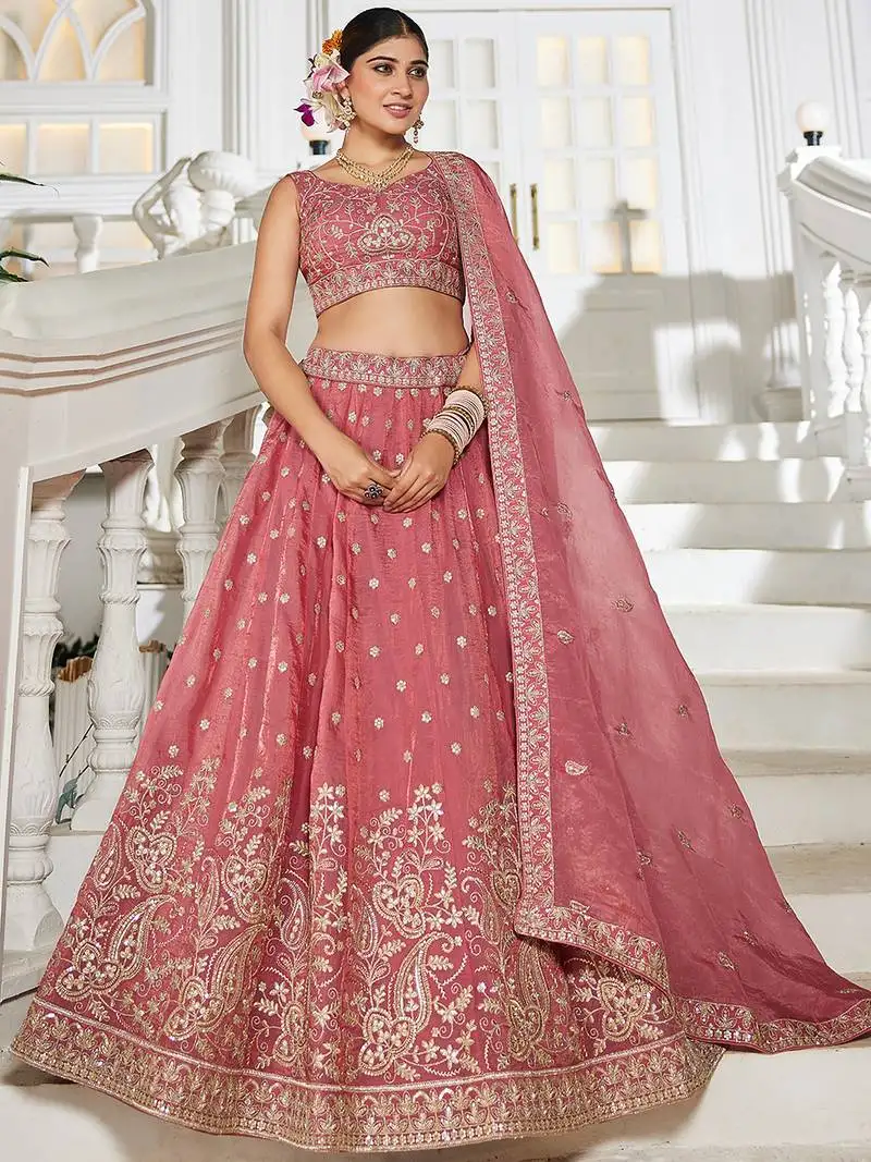 Pink golden tissue sequinse embroidery lehenga choli with dupatta