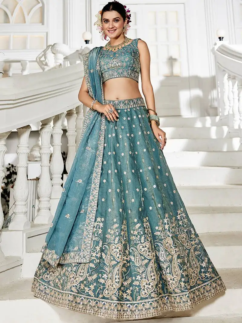 Sea green golden tissue sequinse embroidery lehenga choli with dupatta