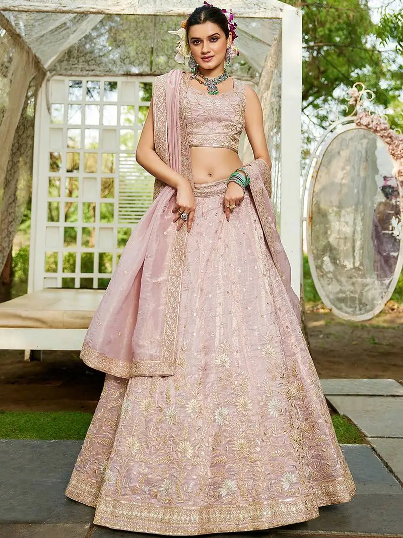 Mauve tissue sequinse embroidery lehenga choli with dupatta