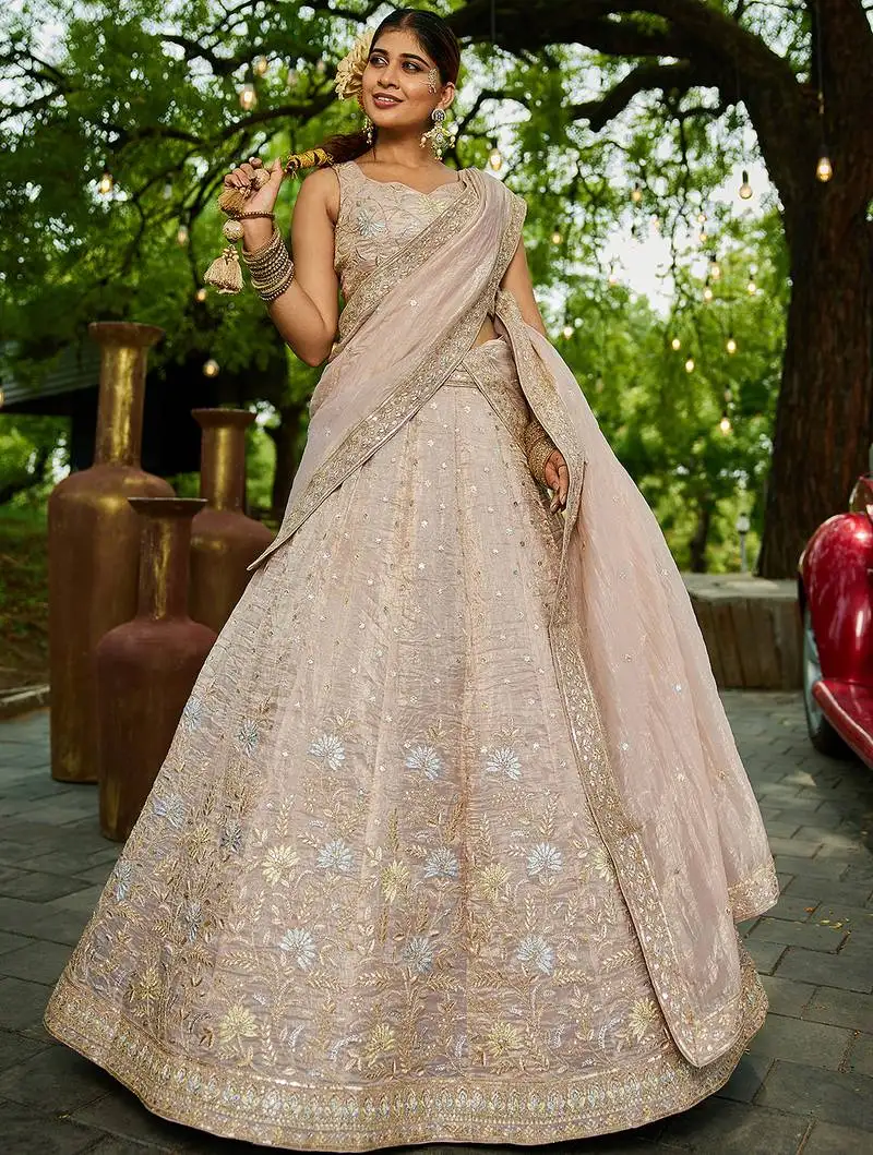Nude tissue sequinse embroidery lehenga choli with dupatta