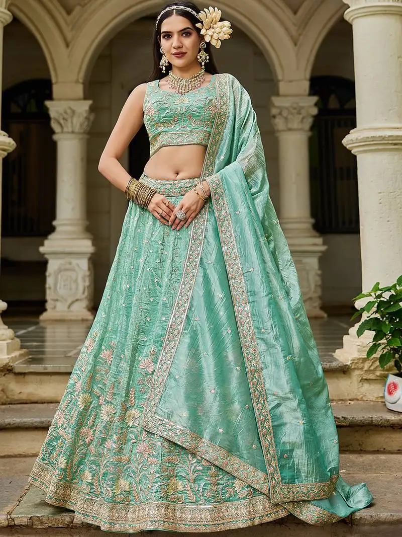 Sea green tissue sequinse embroidery lehenga choli with dupatta
