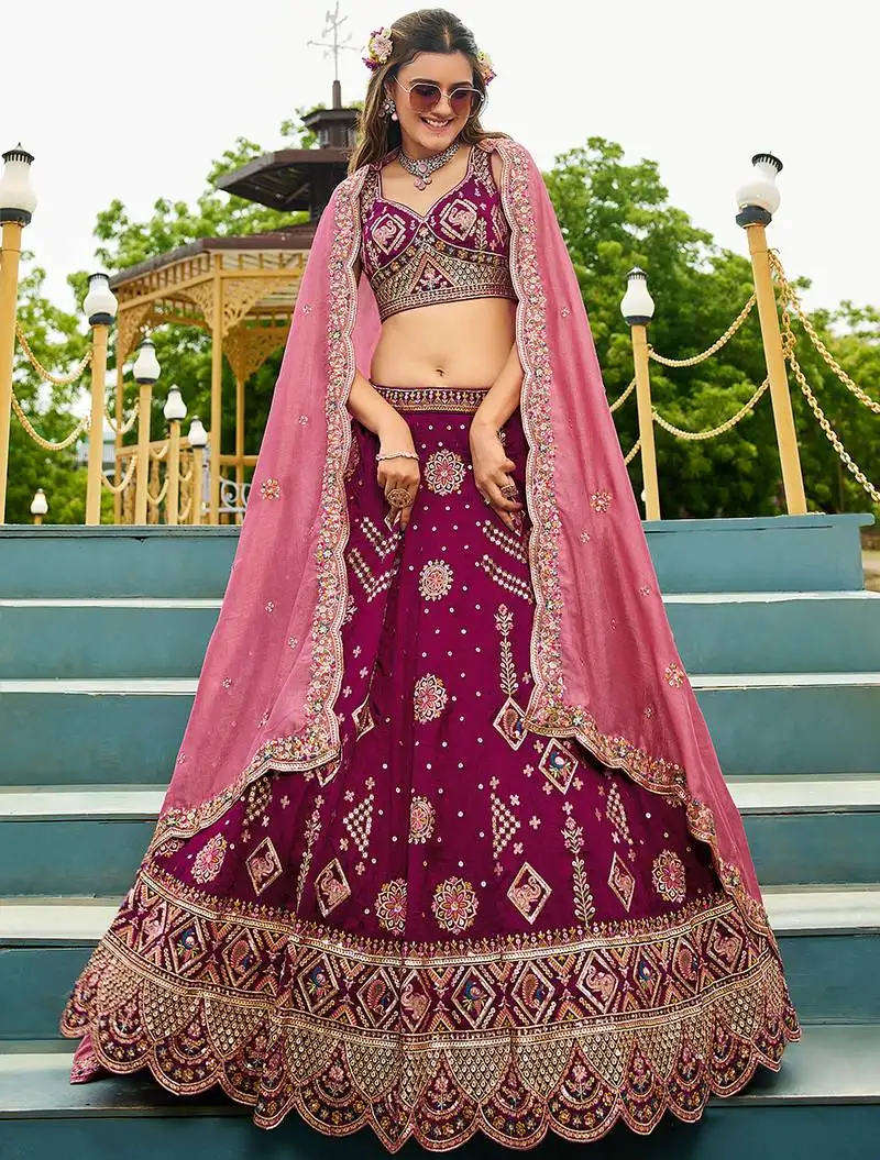 Burgundy georgette sequinse embroidery lehenga choli with dupatta