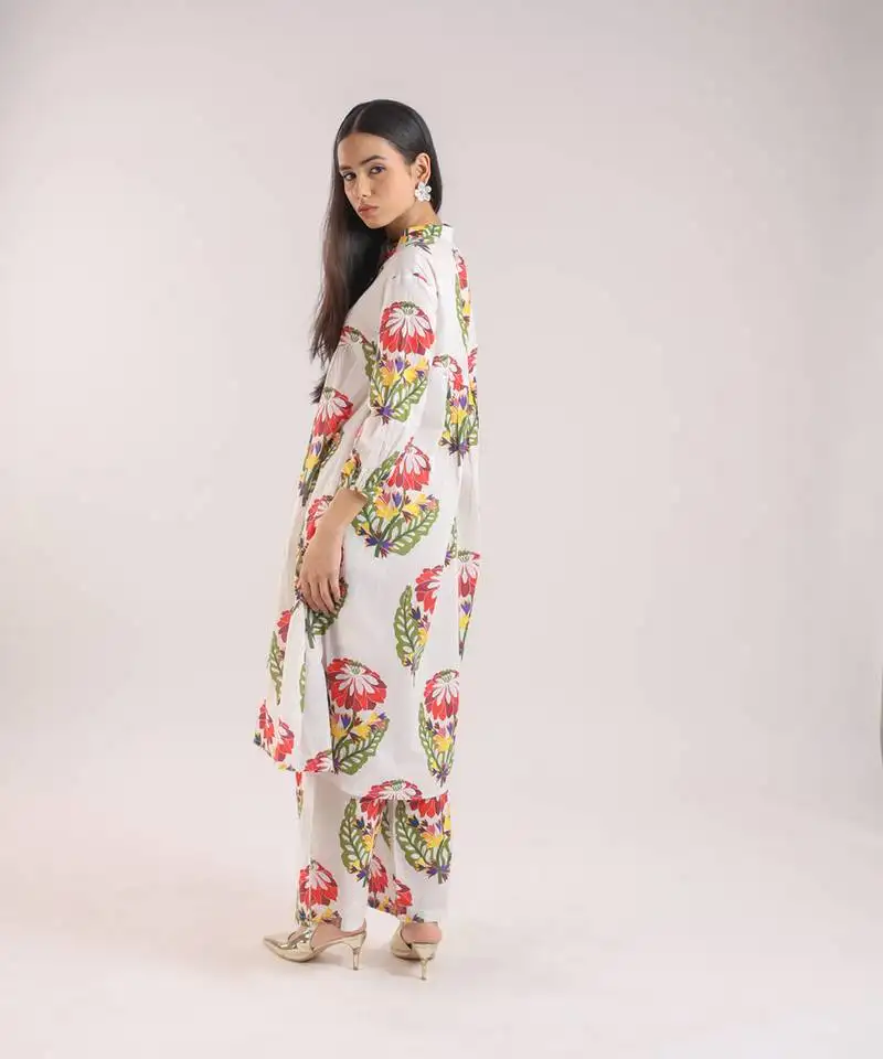 White foral printed cotton kurta set