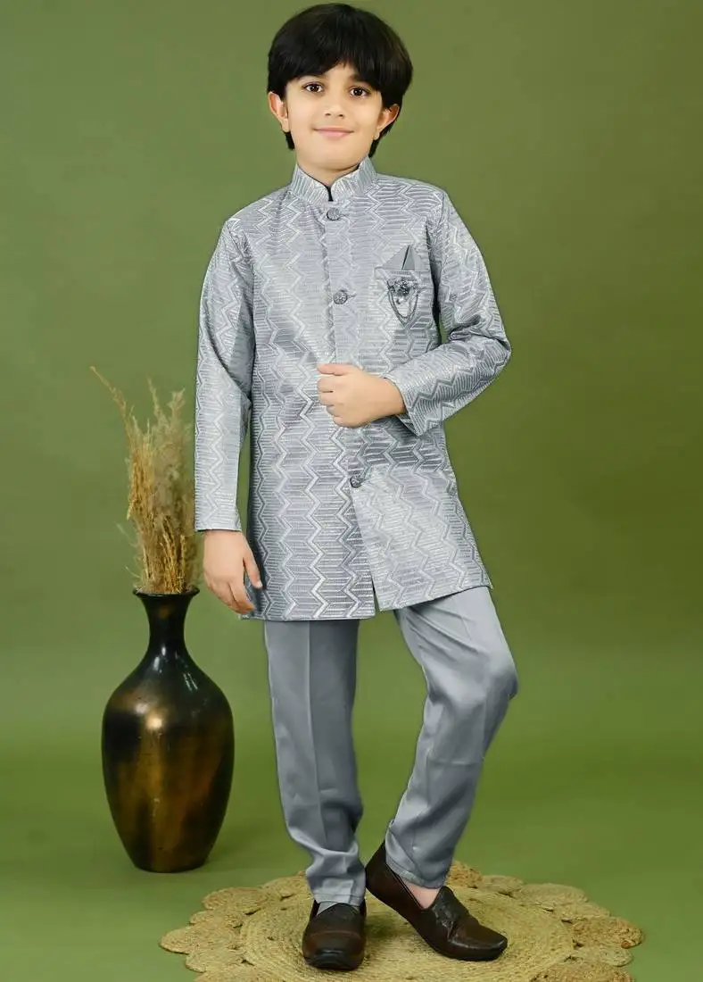 Boys satin zigzag sequined embroidered sherwani set- grey