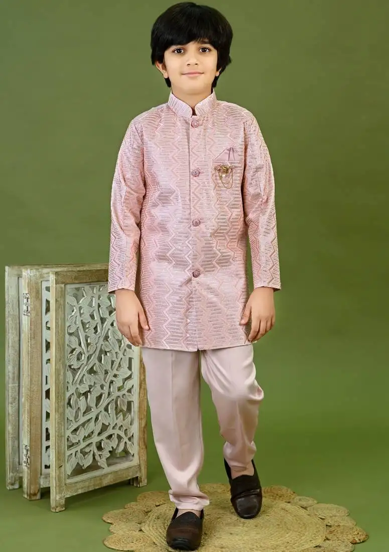 Boys satin zigzag sequined embroidered sherwani set- onion pink
