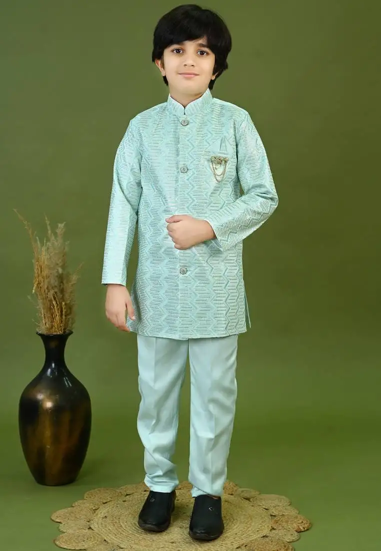 Boys satin zigzag sequined embroidered sherwani set- sky blue