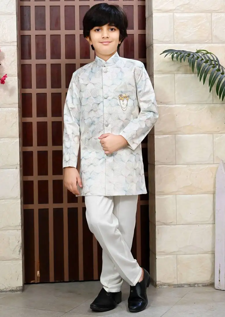 Boys satin sequined floral embroidered sherwani set- cream