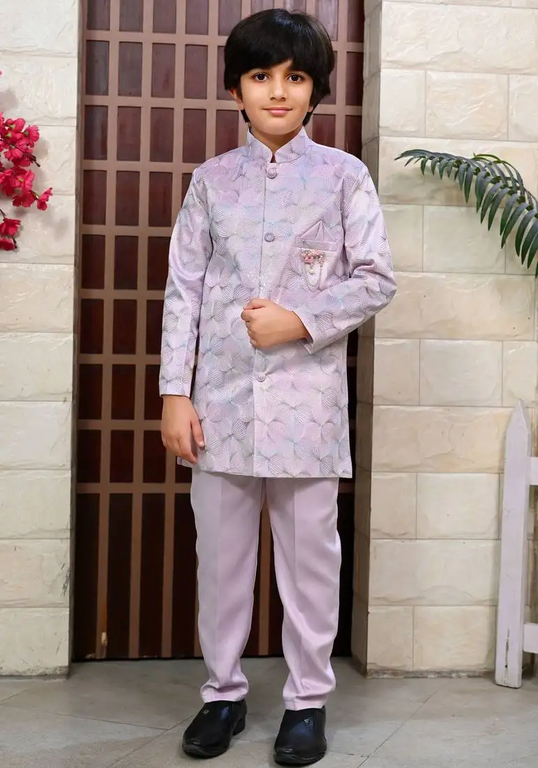 Boys satin sequined floral embroidered sherwani set- lilac