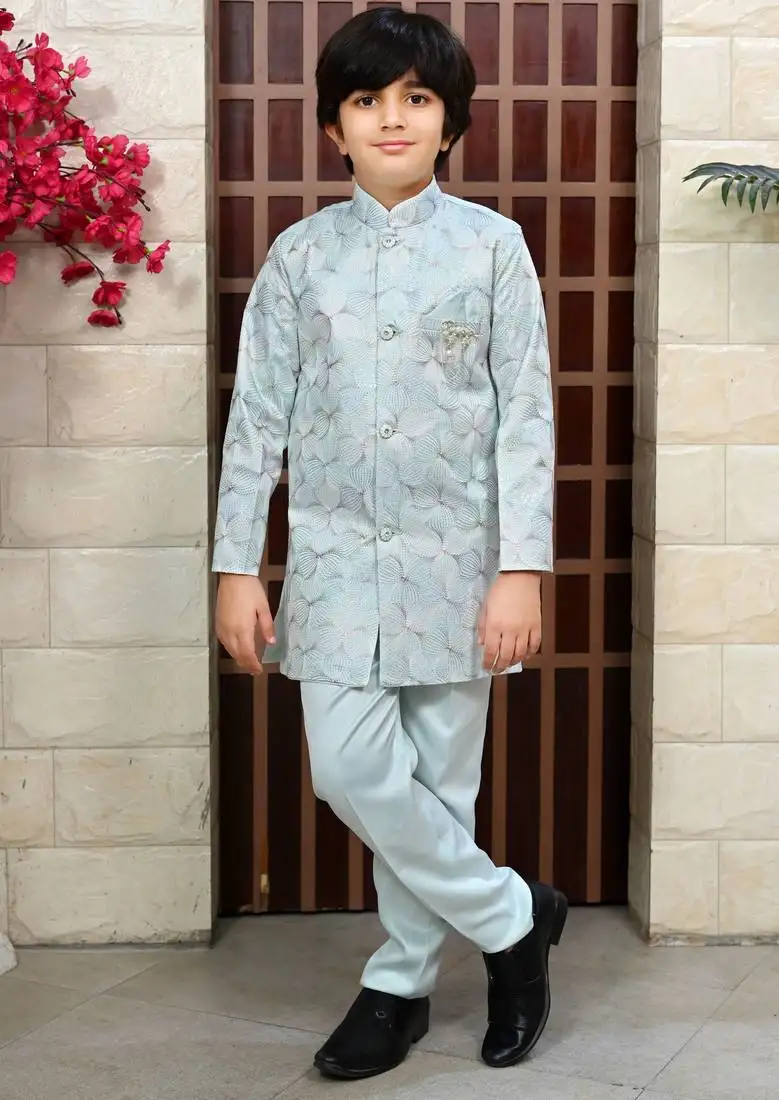 Boys satin sequined floral embroidered sherwani set- sky blue