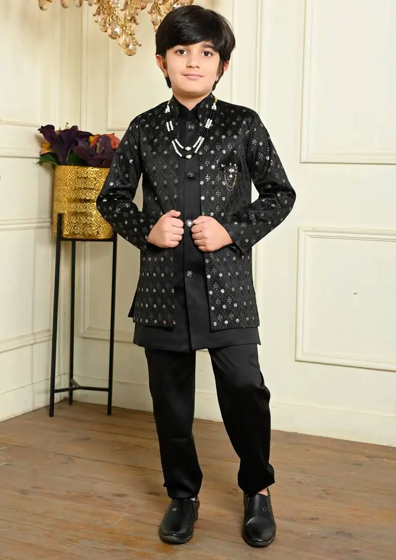 Boys satin geometric sequined embroidered sherwani set- black
