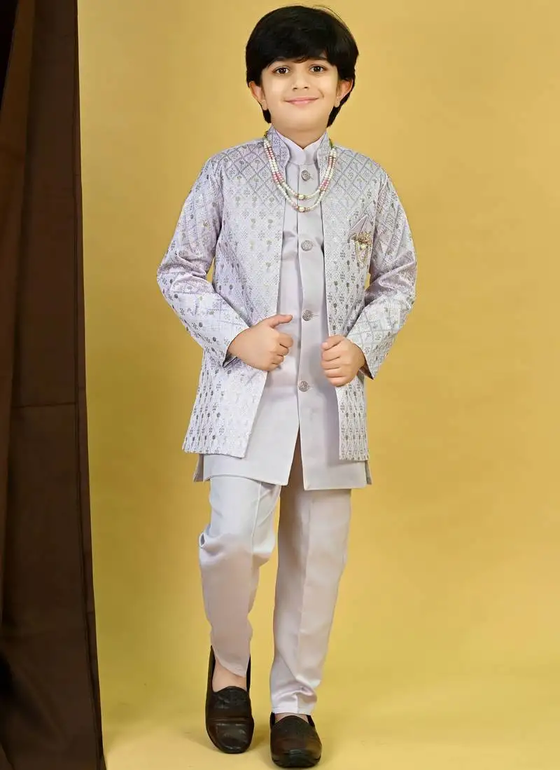 Boys satin geometric sequined embroidered sherwani set- lavender