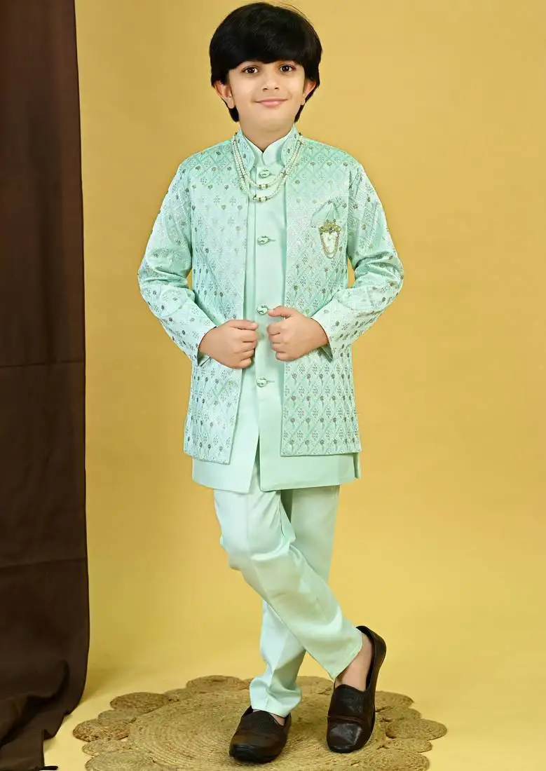 Boys satin geometric sequined embroidered sherwani set- sky blue