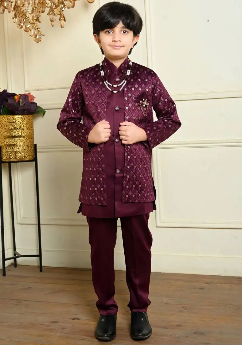 Boys satin geometric sequined embroidered sherwani set- wine