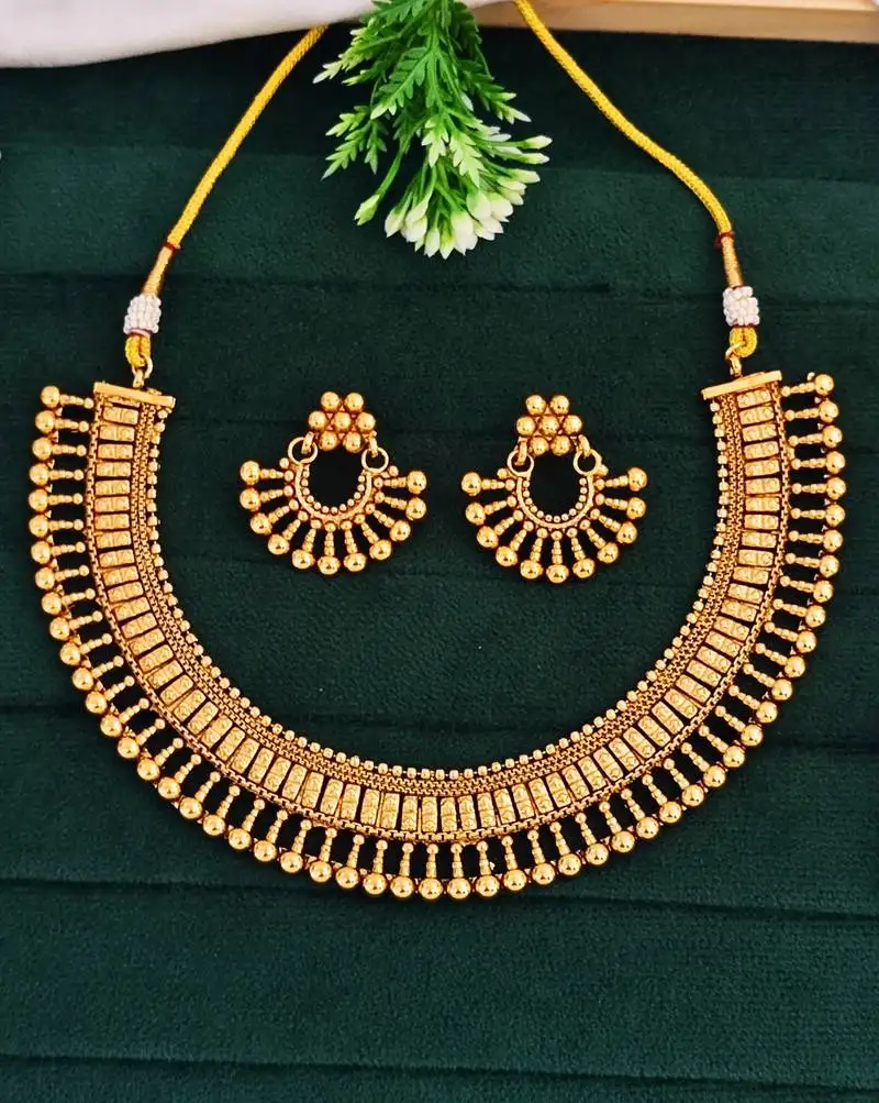 Gold-plated necklace and earrings set, south indian temple jewellery design with beaded
