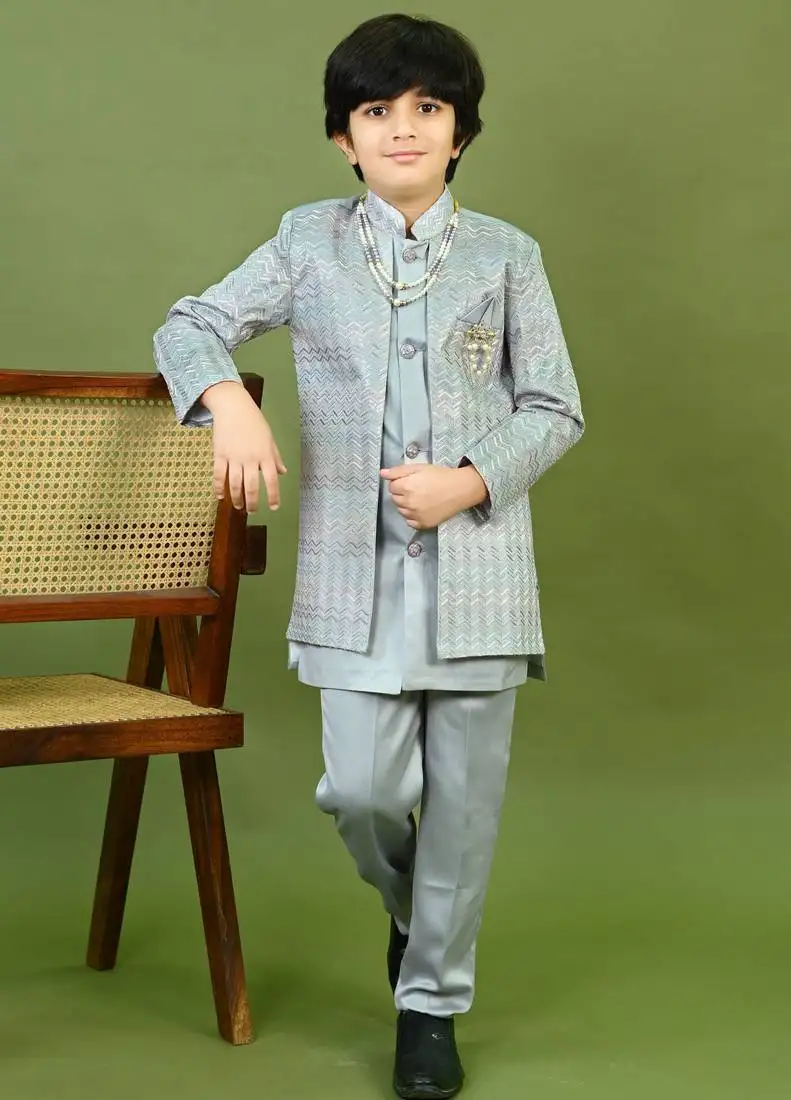 Boys satin chevron sequined embroidered sherwani set- grey