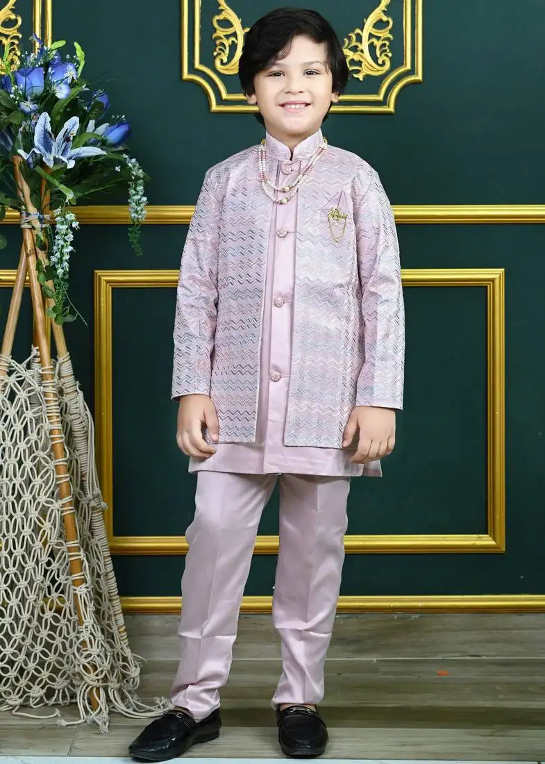Boys satin chevron sequined embroidered sherwani set- lilac