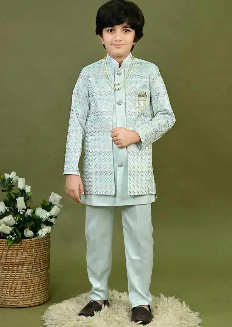 Boys satin chevron sequined embroidered sherwani set- light blue