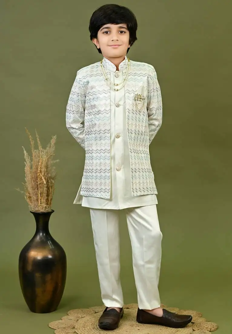 Boys satin chevron sequined embroidered sherwani set- off white