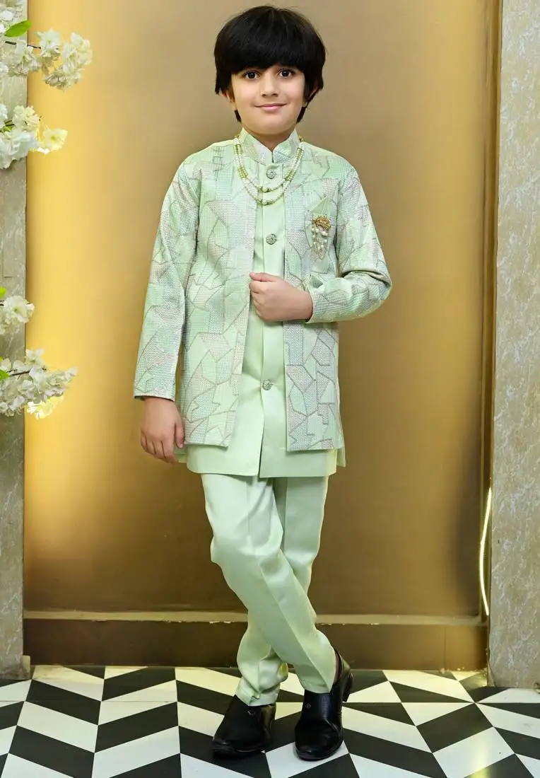 Boys satin geometric sequined mosaic design sherwani set- mint green