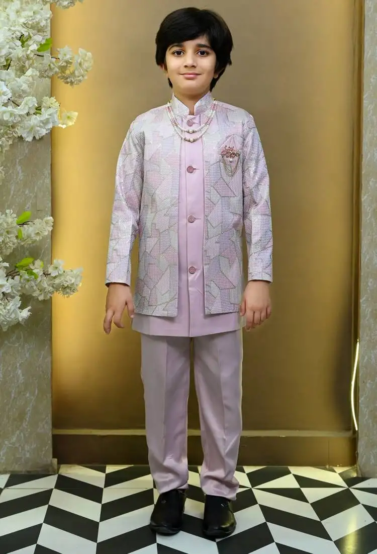 Boys satin geometric sequined mosaic design sherwani set- lilac