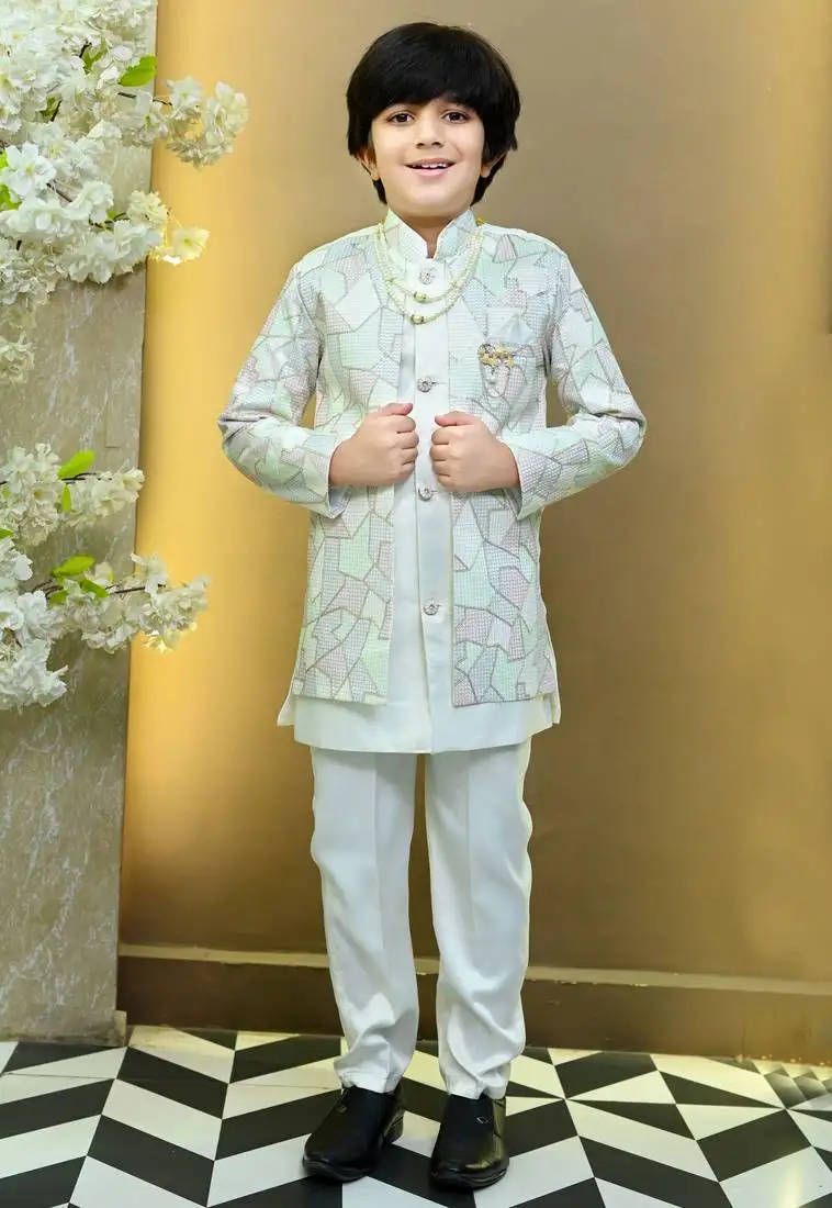 Boys satin geometric sequined mosaic design sherwani set- white